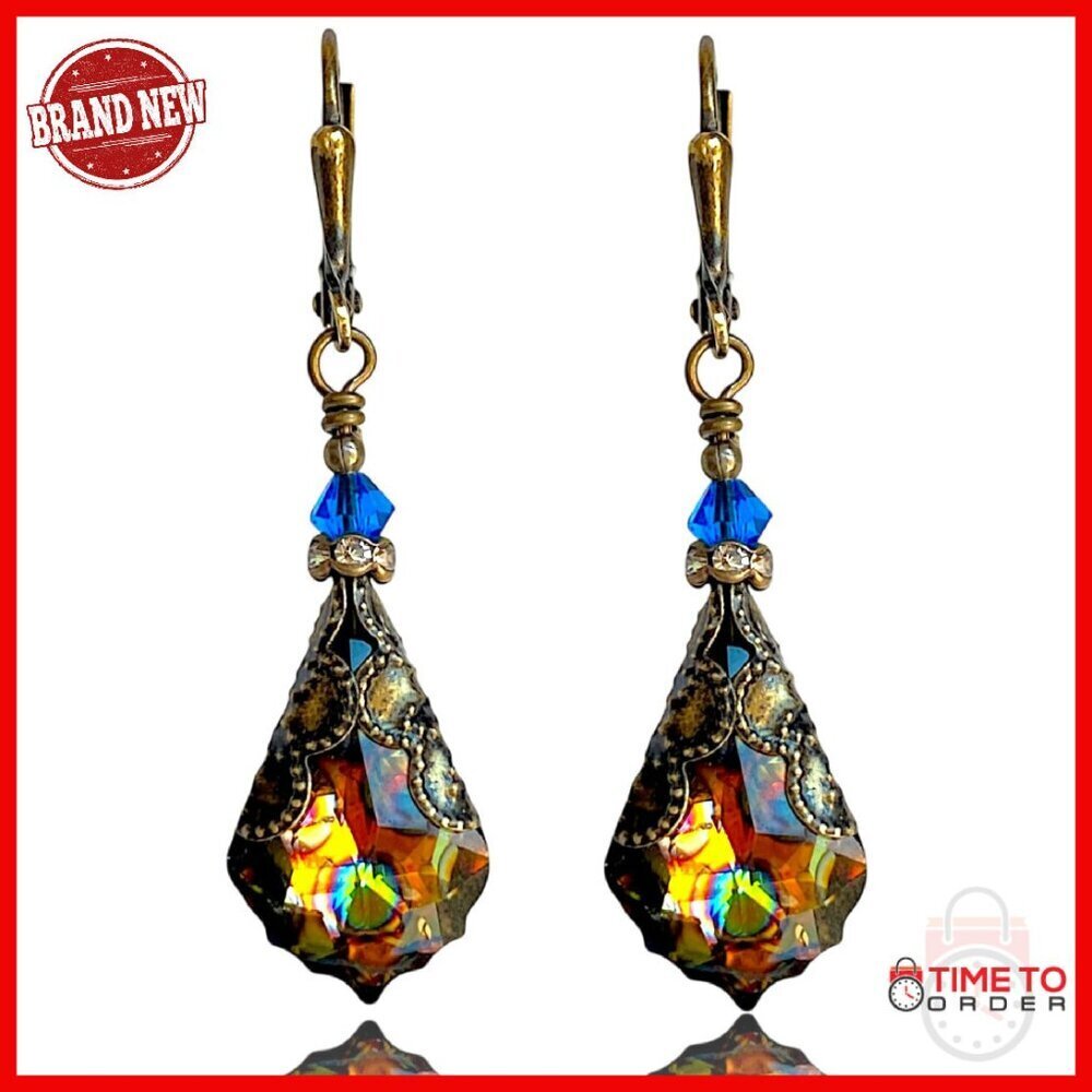Vintage Crystal Drop Earrings Leverback 1.5" Length Handmade Gift